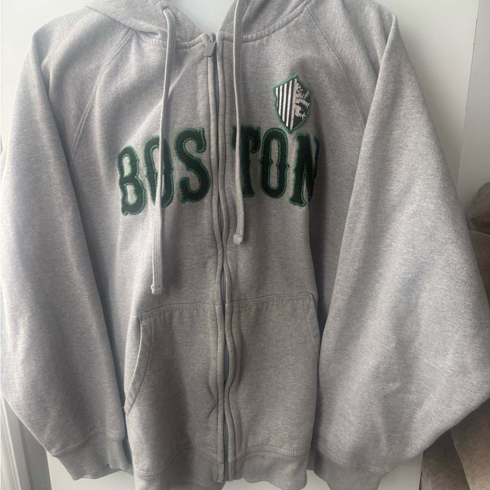 No Boundaries Gray Zip Hoodie with Green Trim